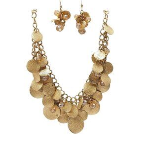 Gold Tone Statement Necklace Earring Set With Discs Faceted Beads
